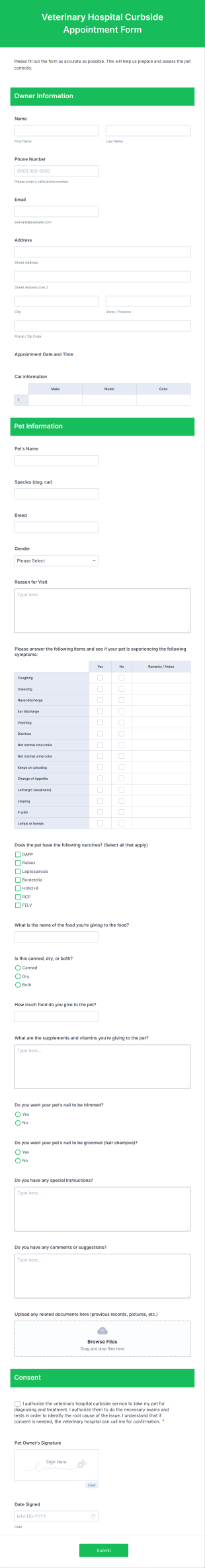 Veterinary Hospital Curbside Appointment Form Template
