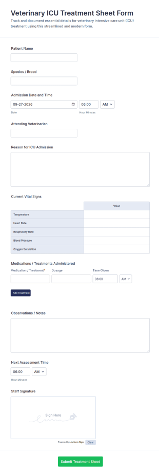 Veterinary ICU Treatment Sheet Form Template