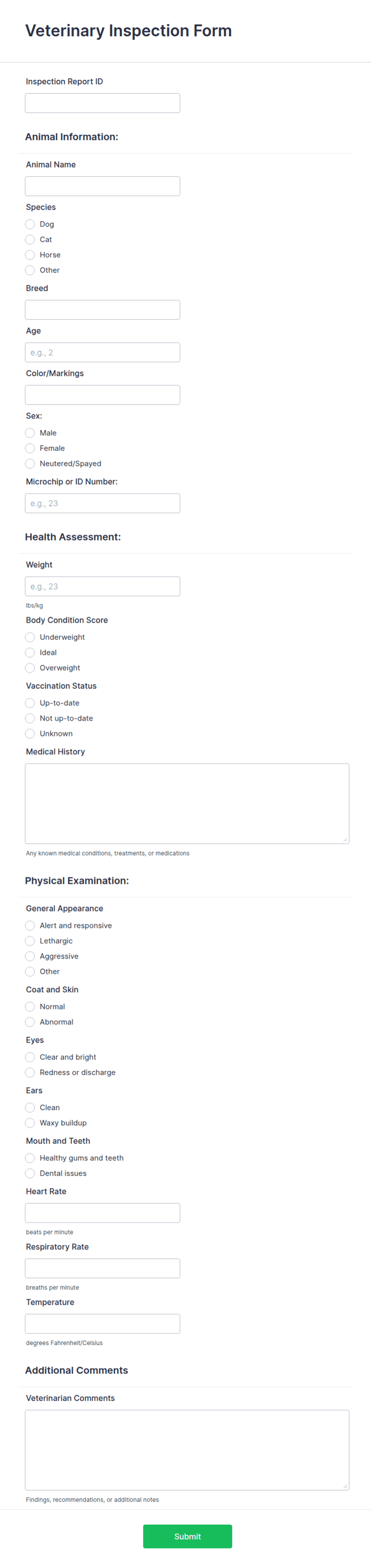 Veterinary Inspection Form Template | Jotform