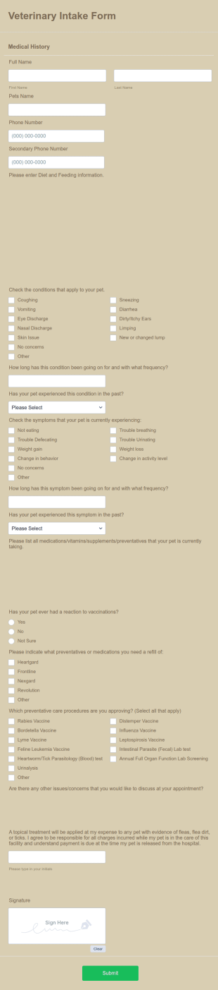 Veterinary Intake Form Template
