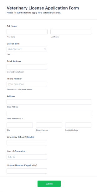 Veterinary License Application Form Template