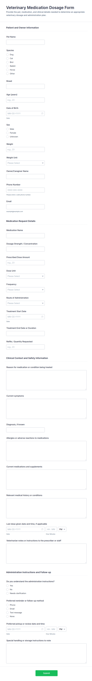 Veterinary Medication Dosage Form Template