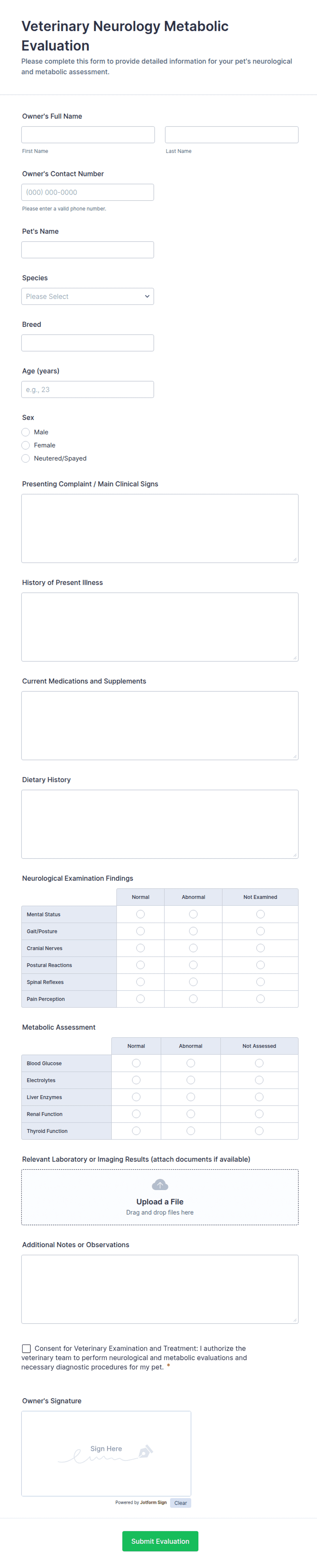 Veterinary Neurology Metabolic Evaluation Form Template | Jotform