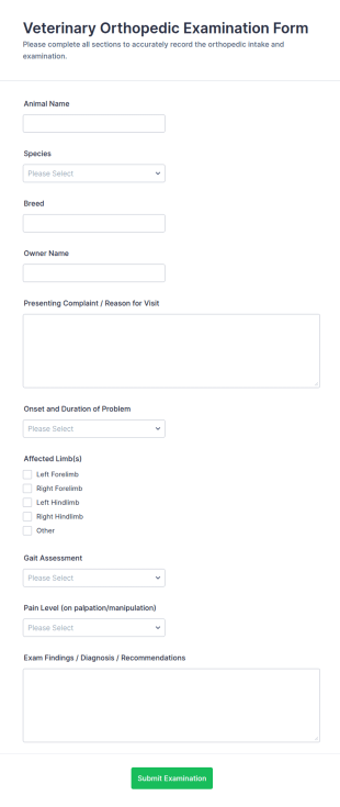 Veterinary Orthopedic Examination Form Template