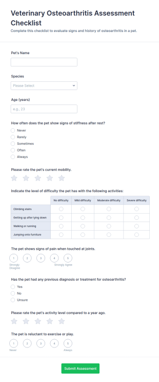 Veterinary Osteoarthritis Assessment Checklist Form Template