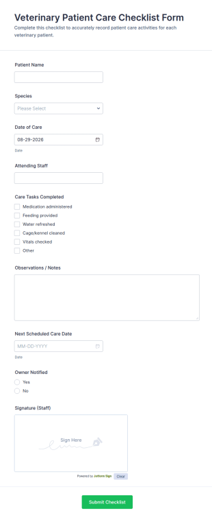 Veterinary Patient Care Checklist Form Template