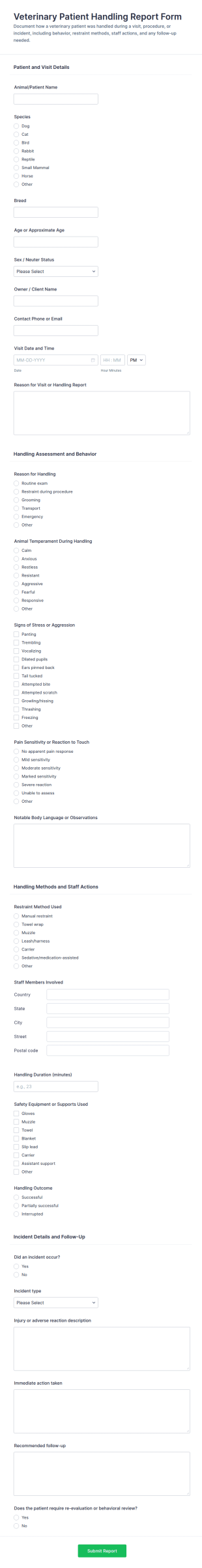 Veterinary Patient Handling Report Form Template