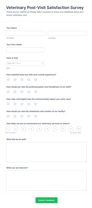 Veterinary Post Visit Satisfaction Survey Form Template