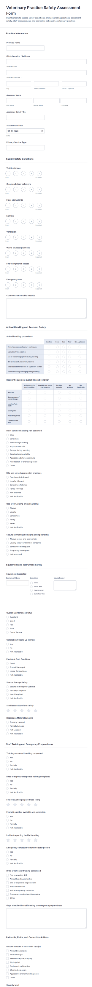 Veterinary Practice Safety Assessment Form Template
