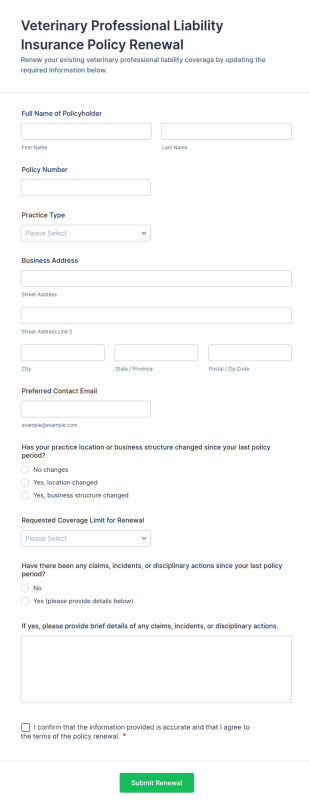 Veterinary Professional Liability Insurance Policy Renewal Form Template