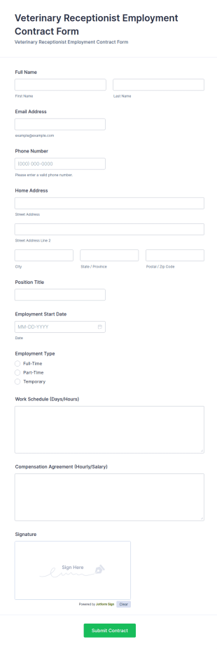 Veterinary Receptionist Employment Contract Form Template