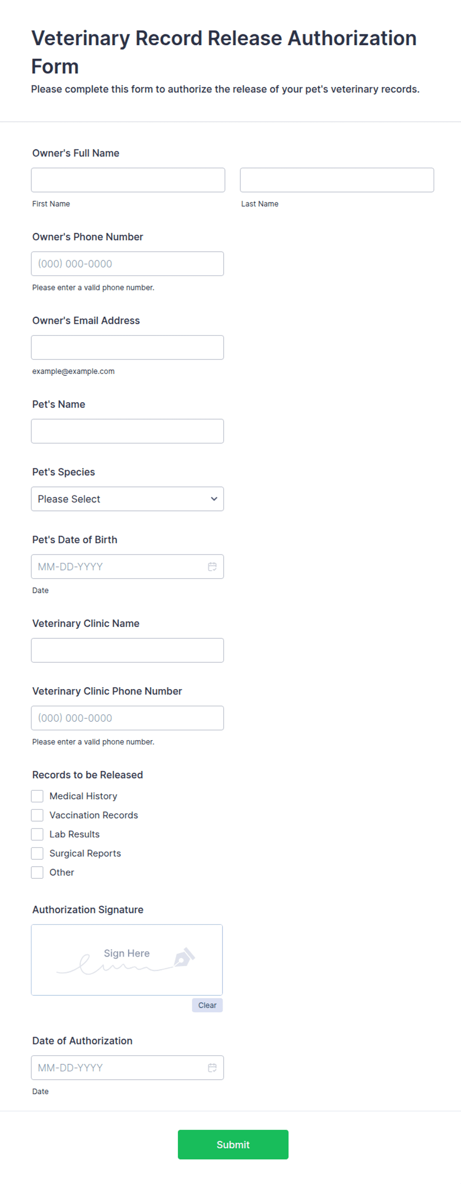 Veterinary Record Release Authorization Form Template | Jotform