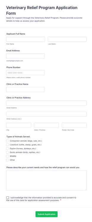 Veterinary Relief Program Application Form Template
