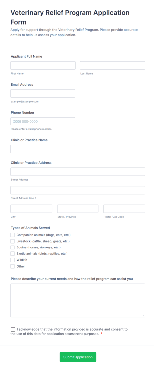 Veterinary Relief Program Application Form Form Template