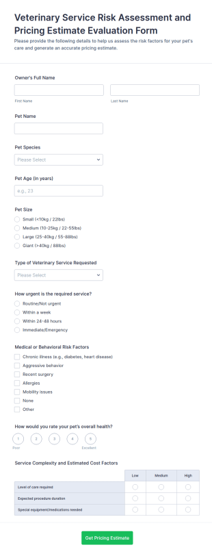 Veterinary Service Risk Assessment And Pricing Estimate Evaluation Form Template