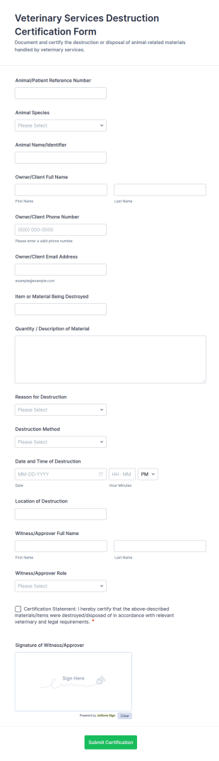 Veterinary Services Destruction Certification Form Template
