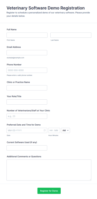 Veterinary Software Demo Registration Form Template