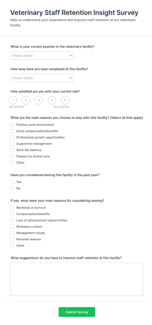 Veterinary Staff Retention Insight Survey Form Template