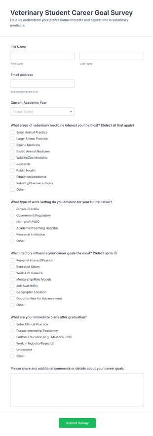 Veterinary Student Career Goal Survey Form Template