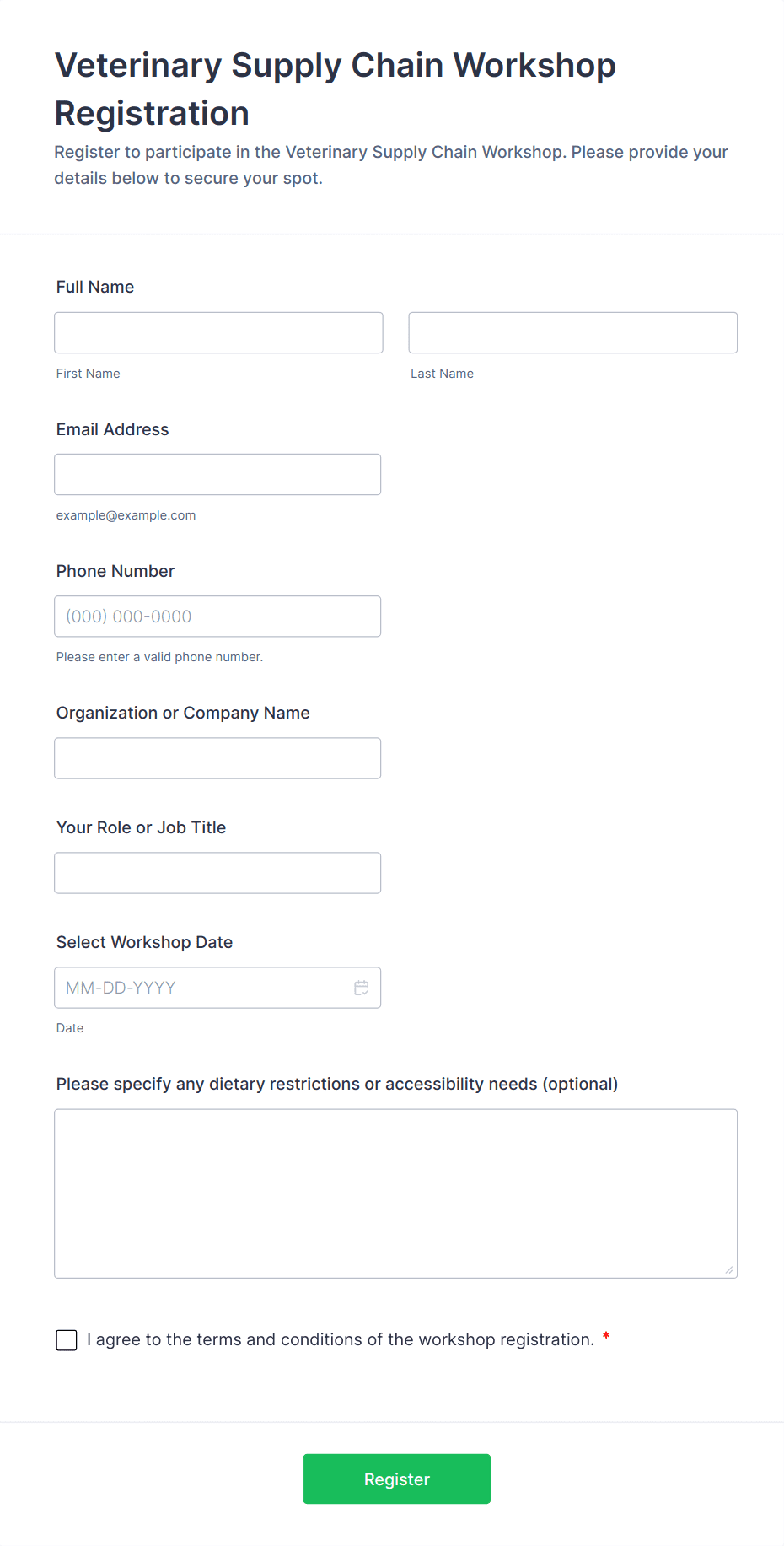 Veterinary Supply Chain Workshop Registration Form Template | Jotform