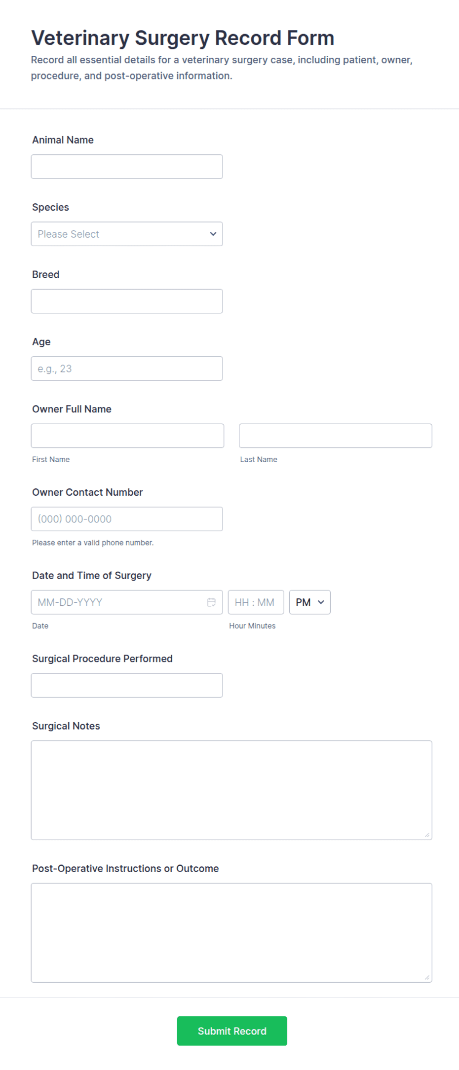 Veterinary Surgery Record Form Template | Jotform