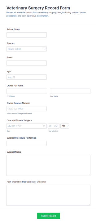 Veterinary Surgery Record Form Template