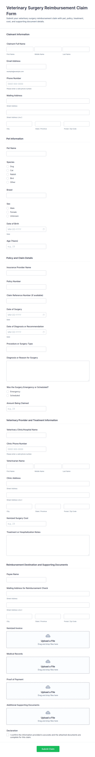 Veterinary Surgery Reimbursement Claim Form Template