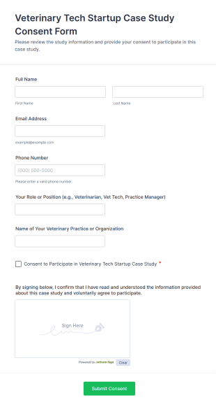 Veterinary Tech Startup Case Study Consent Form Template