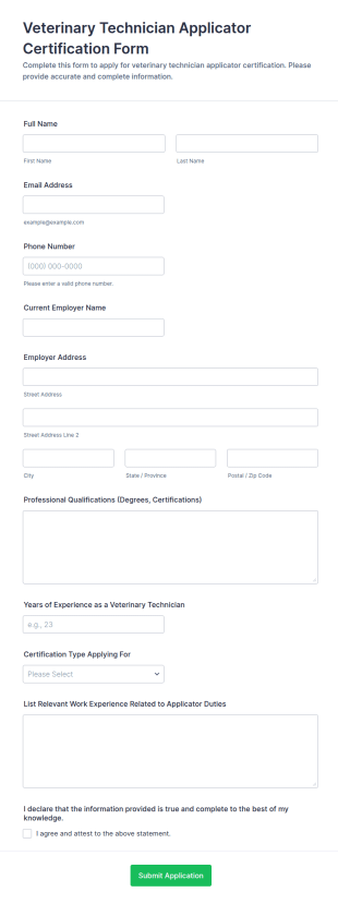 Veterinary Technician Applicator Certification Form Template