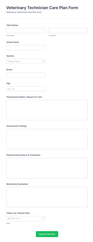 Veterinary Technician Care Plan Form Template