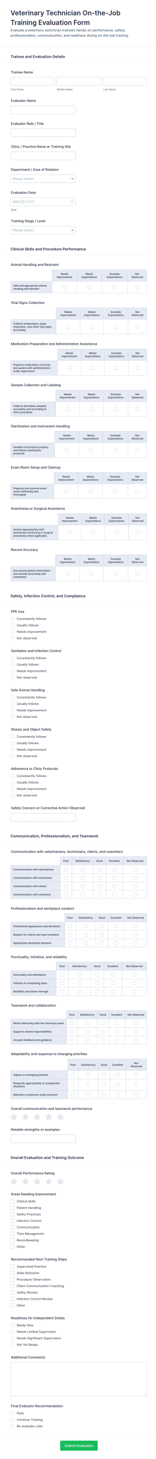 Veterinary Technician On The Job Training Evaluation Form Template