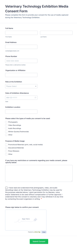 Veterinary Technology Exhibition Media Consent Form Template