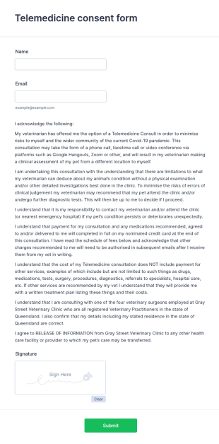 Veterinary Telemedicine Consent Form Template