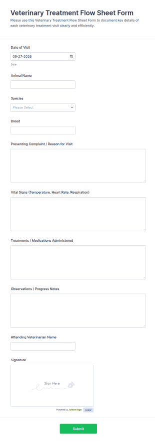 Veterinary Treatment Flow Sheet Form Template