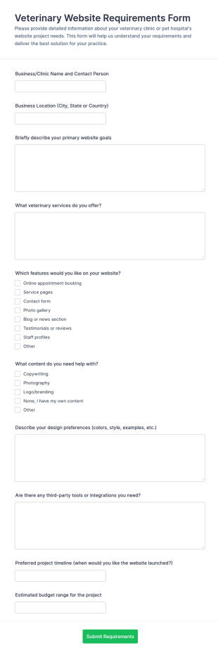 Veterinary Website Requirements Form Template