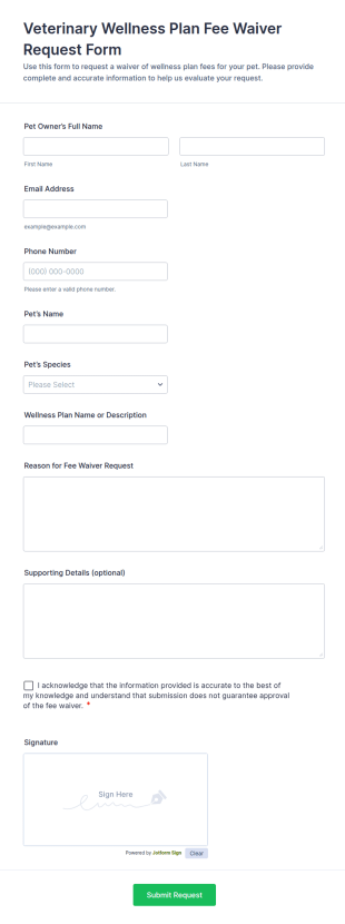 Veterinary Wellness Plan Fee Waiver Request Form Template