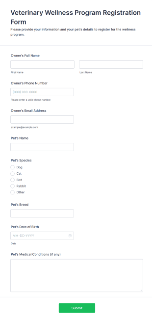 Veterinary Wellness Program Registration Form Template