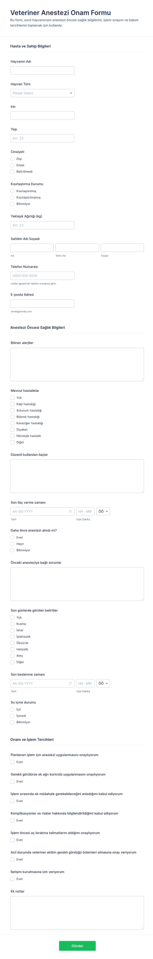 Veteriner Anestezi Onay Form Şablonu