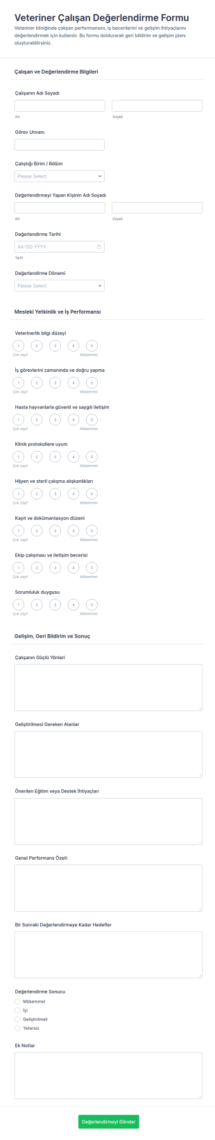 Veteriner Çalışan Değerlendirme Anketi Form Şablonu