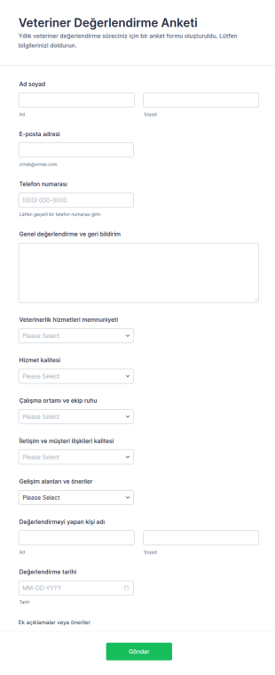 Veteriner Değerlendirme Anketi Form Şablonu