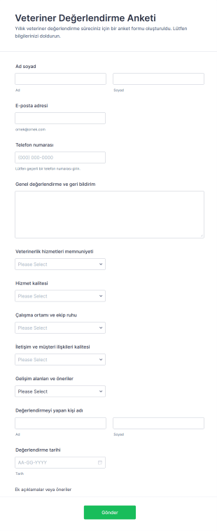 Veteriner Değerlendirme Anketi Form Şablonu