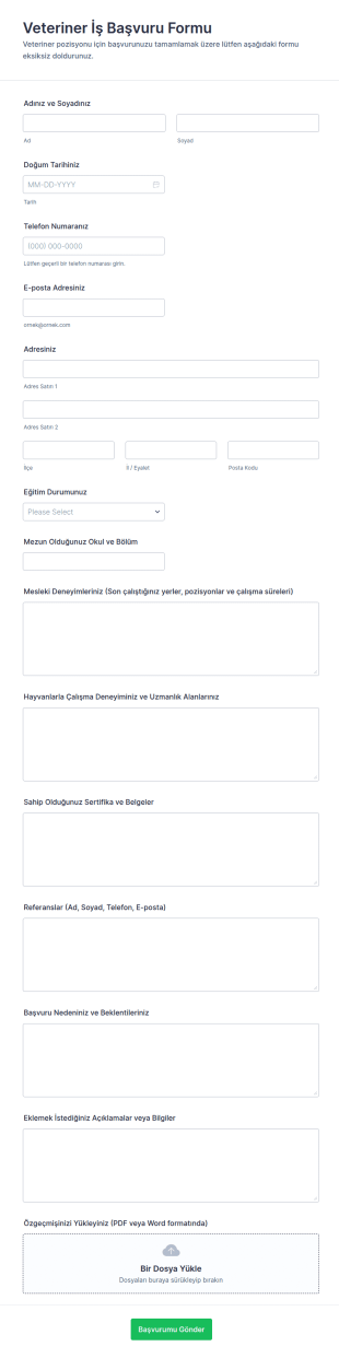 Veteriner İş Başvuru Form Şablonu