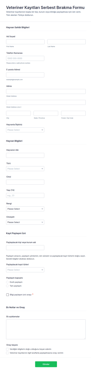 Veteriner Kayıtları İzin Formu 🐾 Form Şablonu
