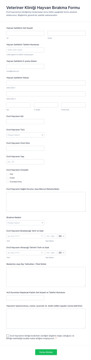 Veteriner Kliniği Hayvan Bırakma Form Şablonu