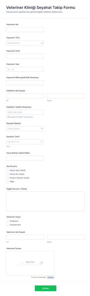 Veteriner Kliniği Seyahat Takip Form Şablonu