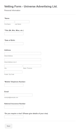Vetting Form Universe Advertising NIN