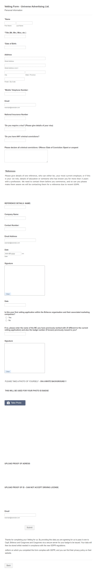 Vetting Form Universe Advertising NIN