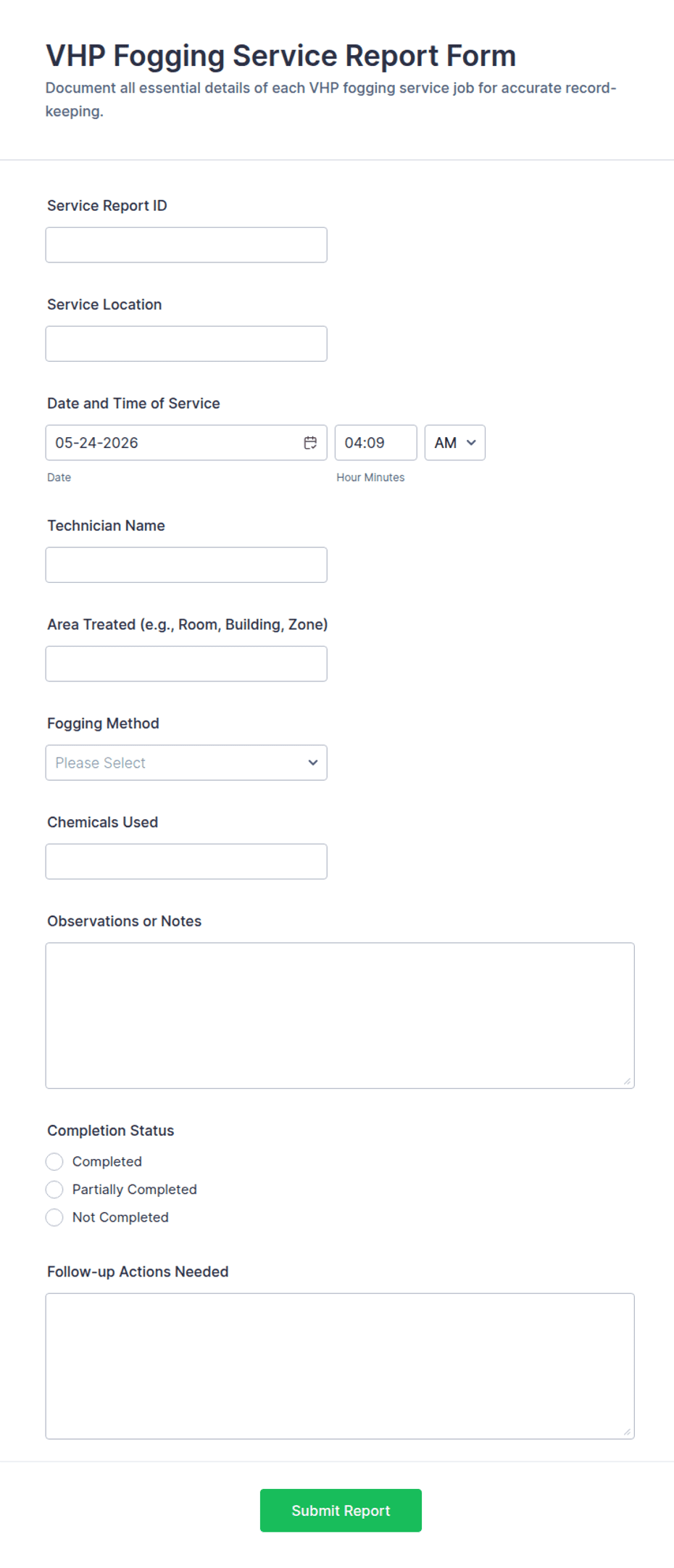 VHP Fogging Service Report Form Template | Jotform