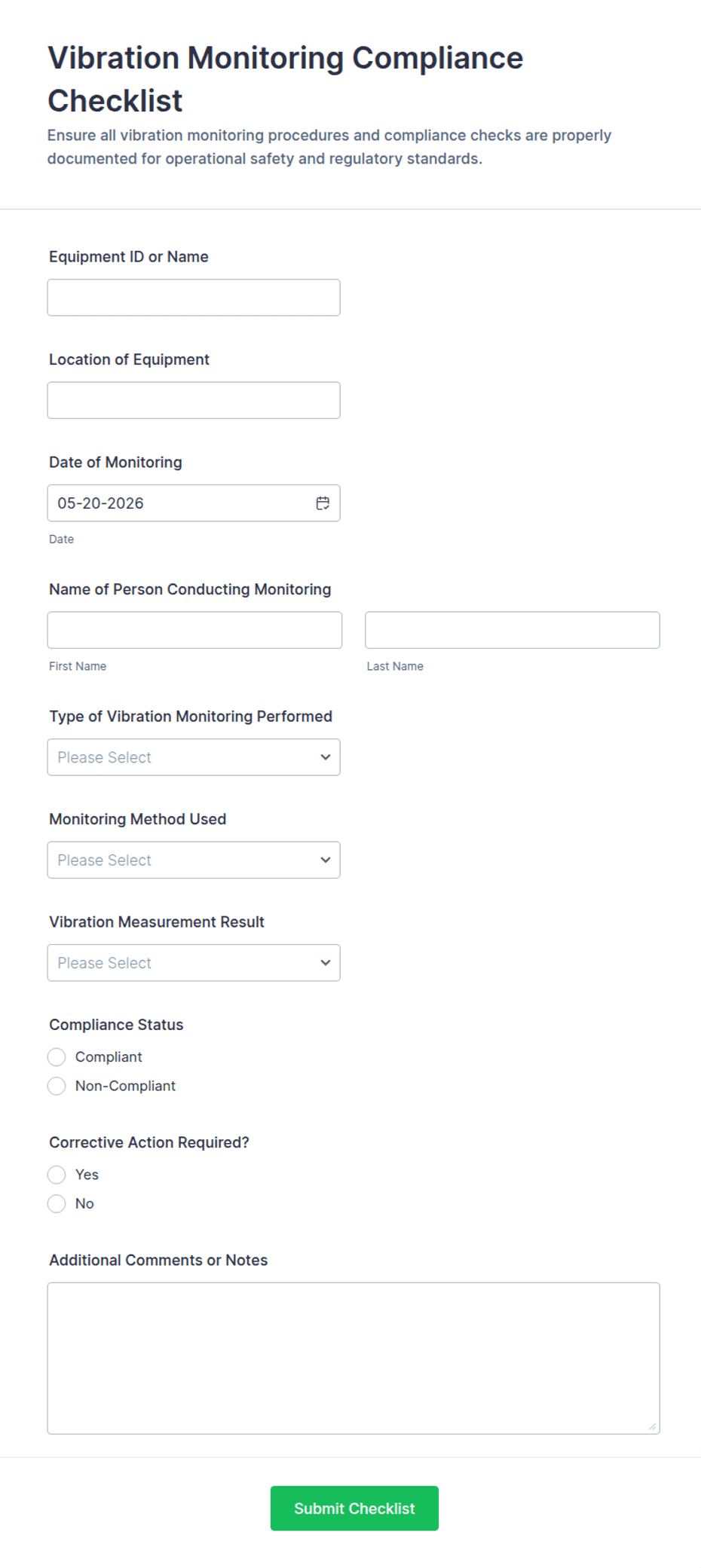Vibration Monitoring Compliance Checklist Form Template | Jotform