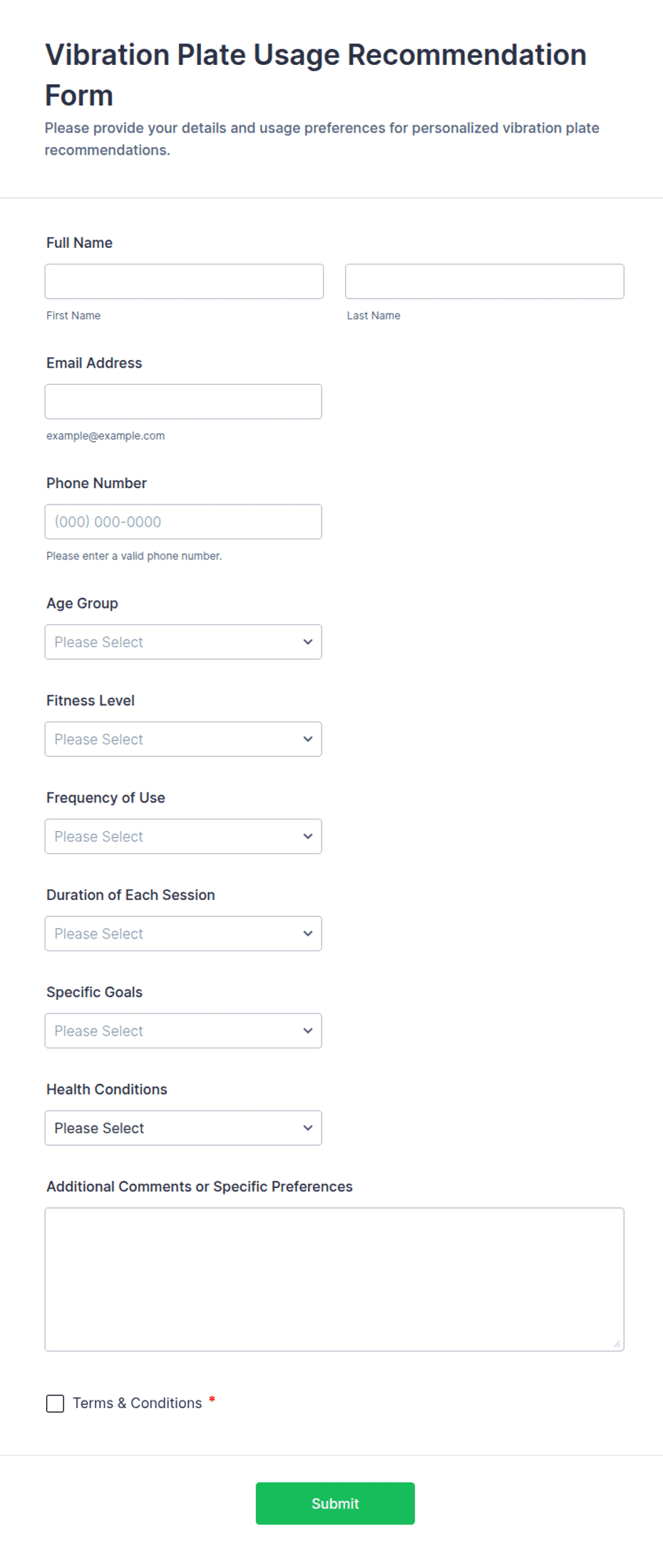 Vibration Plate Usage Recommendation Form Template | Jotform